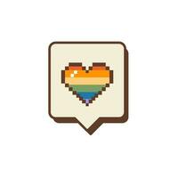 Notification Like icon with rainbow flag colored heart shape. Social media or app icon with LGBTQ symbol. Gay pride old computer 8 bit design. Vector illustration isolated on white background.