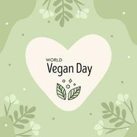 mundo vegano día. verde hojas línea icono con texto en corazón forma. cuadrado saludo tarjeta modelo. ambiente y bio eco orgánico producto concepto. vector mano dibujado ilustración en plano estilo.