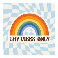 Pride month square cards with rainbow, LGBTQ symbols, phrases and slogans. Set of queer social media post with distorted checkerboard on background. LGBT banner in retro groovy 60s 70s style. Vector. vector