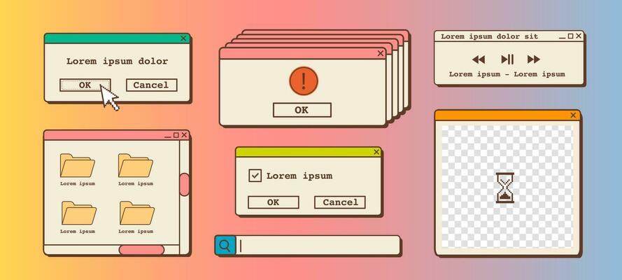 Big set of retro vaporwave desktop browser and dialog window templates. 80s 90s old computer user interface elements and vintage aesthetic icons. Nostalgic retro operating system. Vector illustration.