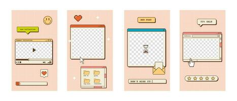Set of stories templates in vaporwave style. Nostalgic design of social media posts. Retro 80s 90s aesthetic backdrops, groovy backgrounds with old computer user interface. Vector illustration.