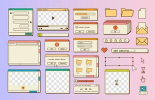 grande conjunto de retro onda de vapor escritorio navegador y diálogo ventana plantillas. Años 80 90s antiguo computadora usuario interfaz elementos y Clásico estético iconos nostálgico retro operando sistema. vector ilustración.