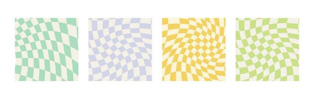 Set of twisted gingham checkerboard backgrounds in colorful summer colors. Groovy hippie chessboard pattern. Retro wavy 60s 70s abstract psychedelic design. Vector illustration social media template.
