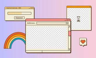 Vaporwave desktop wallpaper template with place for picture. Abstract vintage aesthetic background. 90s old computer user interface dialog windows. Nostalgic retro computer ui. Vector illustration.