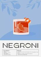 contemporáneo póster de negroni cóctel con naranja rebanada y agrios cáscara. clásico italiano alcohólico bebida receta. bebida en antiguo pasado de moda vaso con hielo. de moda retro cartel. vector ilustración.