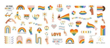 Vector set of LGBTQ community symbols with pride flags, gender signs, retro rainbow colored elements. Pride month stickers. Gay parade groovy celebration. LGBT flat style icons and slogan collection.