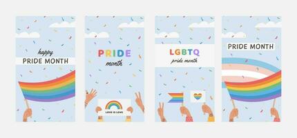 Vector Banner Template Set with LGBTQ people holding flags and placards. Social media post, stories templates. Vertical posters with LGBT rainbow flag. Background for pride month. Flat Illustrations.