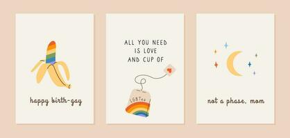 Cute greeting cards with LGBT symbols. Pride month poster with rainbow colored banana, tea bag with LGBTea phrase and moon with colorful stars. Queer vertical cards on white background. Vector. vector