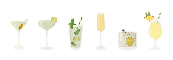 Set of classic cocktails. Different alcoholic drinks in various glasses. Summer aperitif garnish with lime twist, orange slice, olive skewer, cherry. Vector illustration of soft and alcohol beverages.