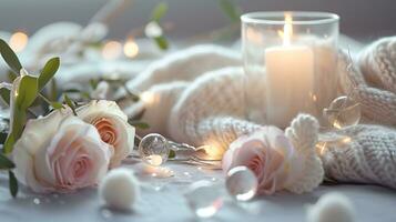 ai generado elegante blanco rosas y luz de una vela para un relajante noche foto