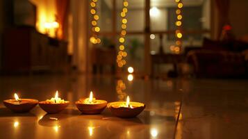 AI generated Traditional Diwali Lights Sparkling in a Modern Home photo