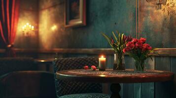 AI generated Cozy Vintage Cafe Table with Romantic Candle and Flowers photo