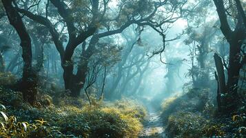 ai generado místico viaje a lo largo un envuelto bosque camino foto