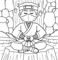 ninja meditando colorante página para niños vector