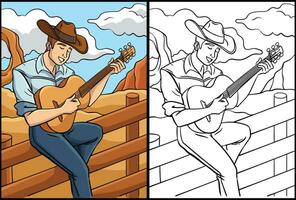 Cowboy Playing Guitar Coloring Page Illustration vector