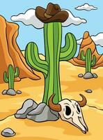 Cowboy Hat, Cactus, and Bull Skull Colored Cartoon vector