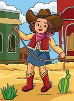 Cowboy Girl with a Rope Colored Cartoon vector