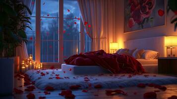 ai generado elegante romántico dormitorio con luz de una vela y rosas por luz de la luna foto