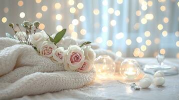 AI generated Soft White Roses and Fairy Lights in Cozy Ambience photo