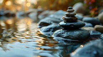 ai generado zen piedras equilibrio en tranquilo agua foto