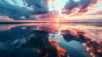 ai generado un maravilloso imagen de un vibrante puesta de sol con nubes reflejado en el mojado arena durante bajo marea foto