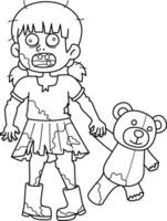 Zombie Child with Plushie Isolated Coloring Page vector