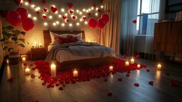 ai generado amor en el aire con globos y luz de una vela dormitorio foto