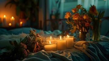 AI generated Candlelight Whispers Amongst Autumnal Floral Hues photo