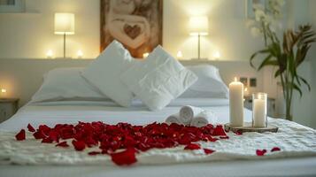 ai generado romántico hotel habitación decorado con Rosa pétalos foto