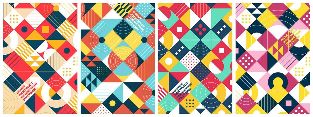 Abstract geometric bauhaus artwork set. Simple brutalism shapes combination poster. Memphis pattern background. Retro brutalist style modern trendy graphic placard. Vintage postmodern art eps banner