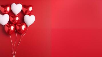 AI generated Valentine's day red and white heart-shaped balloons, red background, banner with copyspace, love background concept, blank space, flat lay with space for text photo