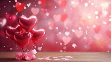 ai generado San Valentín día rosado en forma de corazon globos, bandera con espacio de copia, amor antecedentes concepto, blanco espacio, plano laico con espacio para texto foto