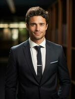 AI generated Photo of handsome happy man against a library bookshelf background. Lawyer, manager, businessman concept. Successful manin a suit, office workplace