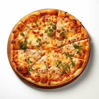 AI generated Top view of pizza isolated on white background. Photo for restaurant menu, advertising, delivery, banner