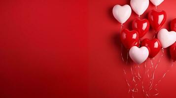 AI generated Valentine's day red and white heart-shaped balloons, red background, banner with copyspace, love background concept, blank space, flat lay with space for text photo