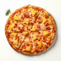 AI generated Top view of pizza isolated on white background. Photo for restaurant menu, advertising, delivery, banner