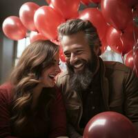 AI generated Beautiful mature couple with red balloons. Couple celebrate valentines day surrounded by red balloons. Romantic celebration for Valentine's Day photo