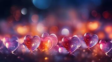 AI generated Beautiful background with colorful hearts, lights, sparkles and bokeh. Valentine's Day card. Heart shaped bokeh Valentines background photo