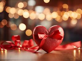 AI generated Bokeh lights with hearts and bows on wooden background, valentines day concept, copy space banner template. photo