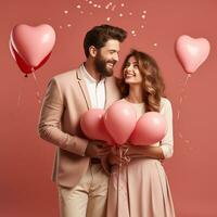 ai generado hermosa Pareja con rosado globos Pareja celebrar san valentin día rodeado por rosado globos, estudio foto. romántico celebracion para San Valentín día foto