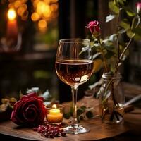 AI generated Romantic concept. Glass of vine with pink rose petals with bokeh background. Valentine's day banner. Celebration with wine and red rose. photo