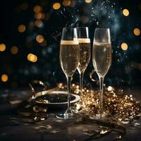 AI generated Glasses of champagne on table against blurred background. Space for text. Golden confetti. Christmas, New Year, Birthday celebration concept. photo