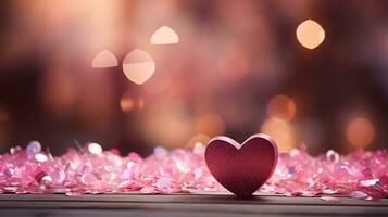 AI generated Beautiful background with red glitter hearts, lights, sparkles and bokeh. Valentine's Day card. Heart shaped bokeh Valentines background photo