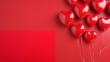 AI generated Valentine's day red and white heart-shaped balloons, red background, banner with copyspace, love background concept, blank space, flat lay with space for text photo