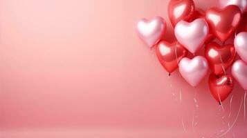 AI generated Valentine's day pink heart-shaped balloons, banner with copyspace, love background concept, blank space, flat lay with space for text photo