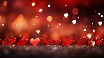 AI generated Beautiful background with red hearts, lights, sparkles and bokeh. Valentine's Day card. Heart shaped bokeh Valentines background photo