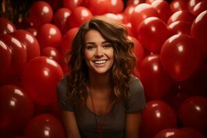 AI generated Beautiful young woman with red balloons. Woman celebration party with red balloons, studio photo