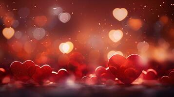 AI generated Beautiful background with red hearts, lights, sparkles and bokeh. Valentine's Day card. Heart shaped bokeh Valentines background photo
