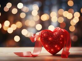 AI generated Bokeh lights with hearts and bows on wooden background, valentines day concept, copy space banner template. photo