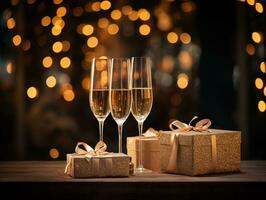 AI generated Glasses of champagne on table against blurred background. Space for text. Golden gift boxes. Christmas, New Year, Birthday celebration concept. photo